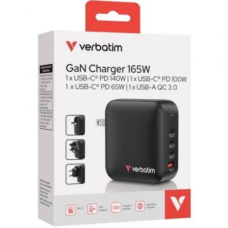 Verbatim Mini GaN Charger 165W 4 Puertos (3x USB-C, 1x USB-A) US/EU/UK Verbatim Mini GaN Charger 165W 4 Puertos (3x USB-C, 1x USB-A) US/EU/UK